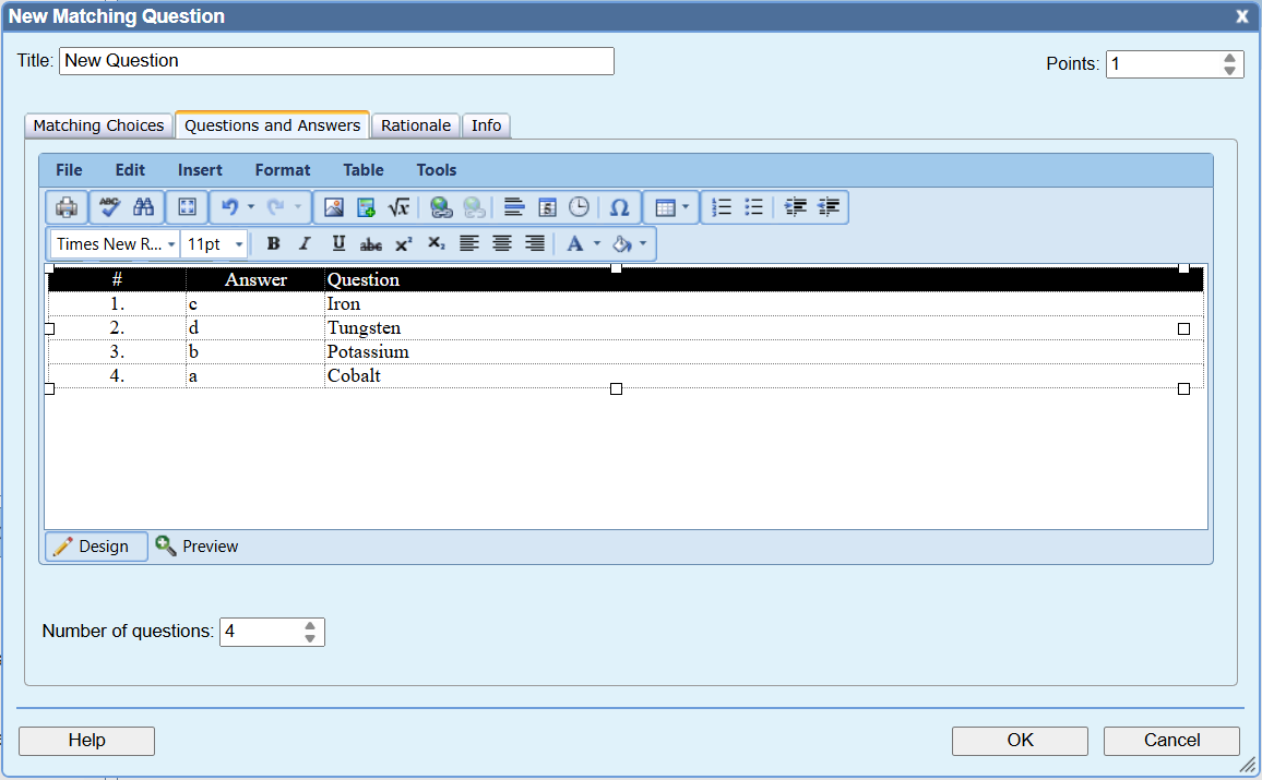A screenshot of the "New Matching Question" window shows the "Matching Choices" tab selected.   The main content area displays the question "Match the chemical symbols with the element." followed by a list of choices: a. Co b. K c. Fe d. W